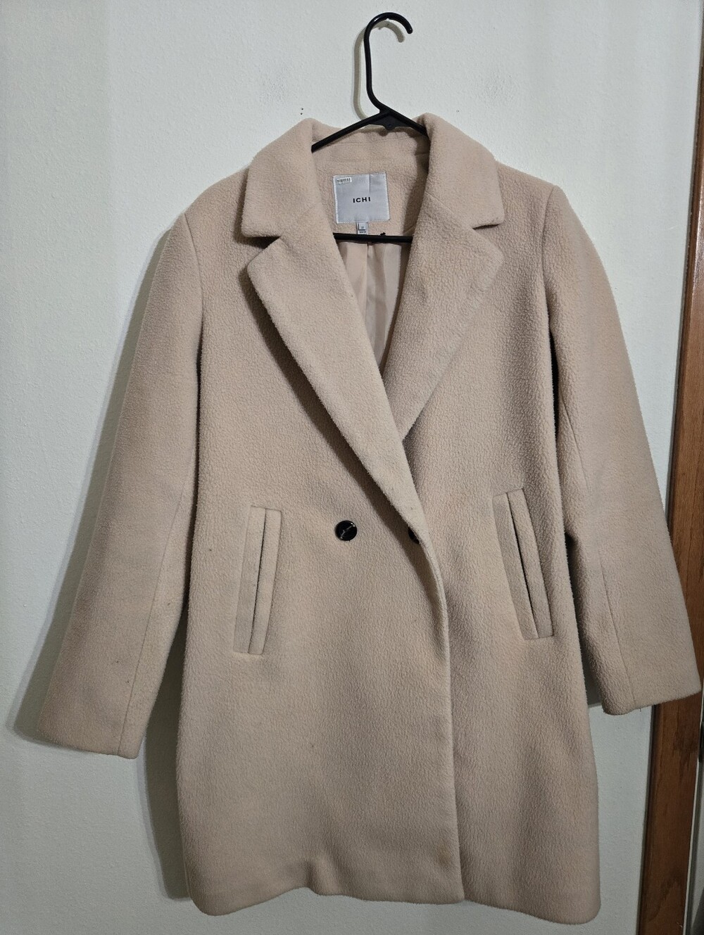 ICHI Women's Light Beige Wool-Blend Pea Coat